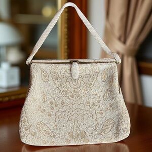 Vintage Intricately Beaded Evening Bag Cream Beige Gold Seed Bead Paisley Bird